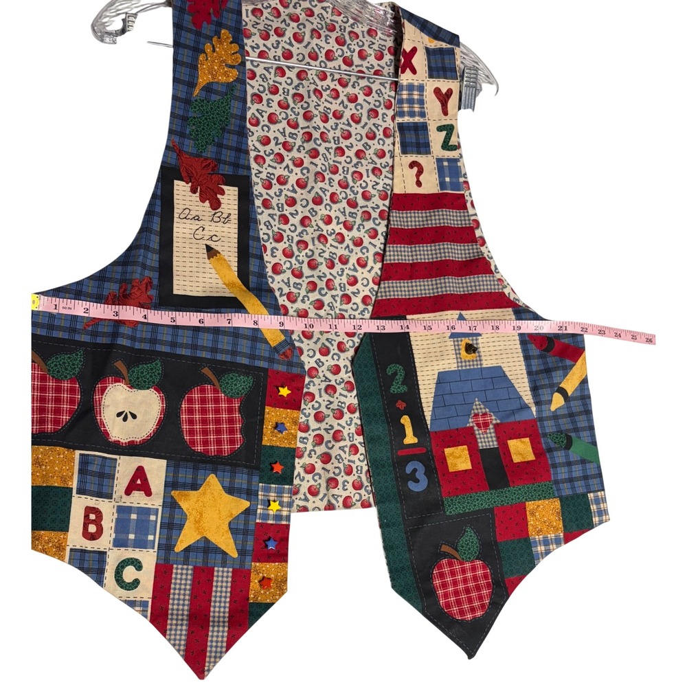 Vintage Teacher Schoolhouse Patchwork Vest Apple ABC School Librarian Handmade - Picture 4 of 5